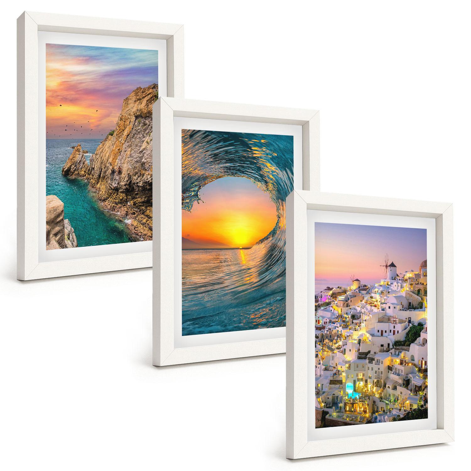 BILDER SET 3er Set - 20x30 cm Weißer Rahmen - Meereswellen, weiße Häuser, Santorini - Weiß, Kunststoff (20/30cm) - TULUP