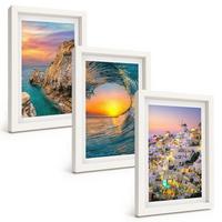 BILDER SET 3er Set - 20x30 cm Weißer Rahmen - Meereswellen, weiße Häuser, Santorini - Weiß, Kunststoff (20/30cm) - TULUP