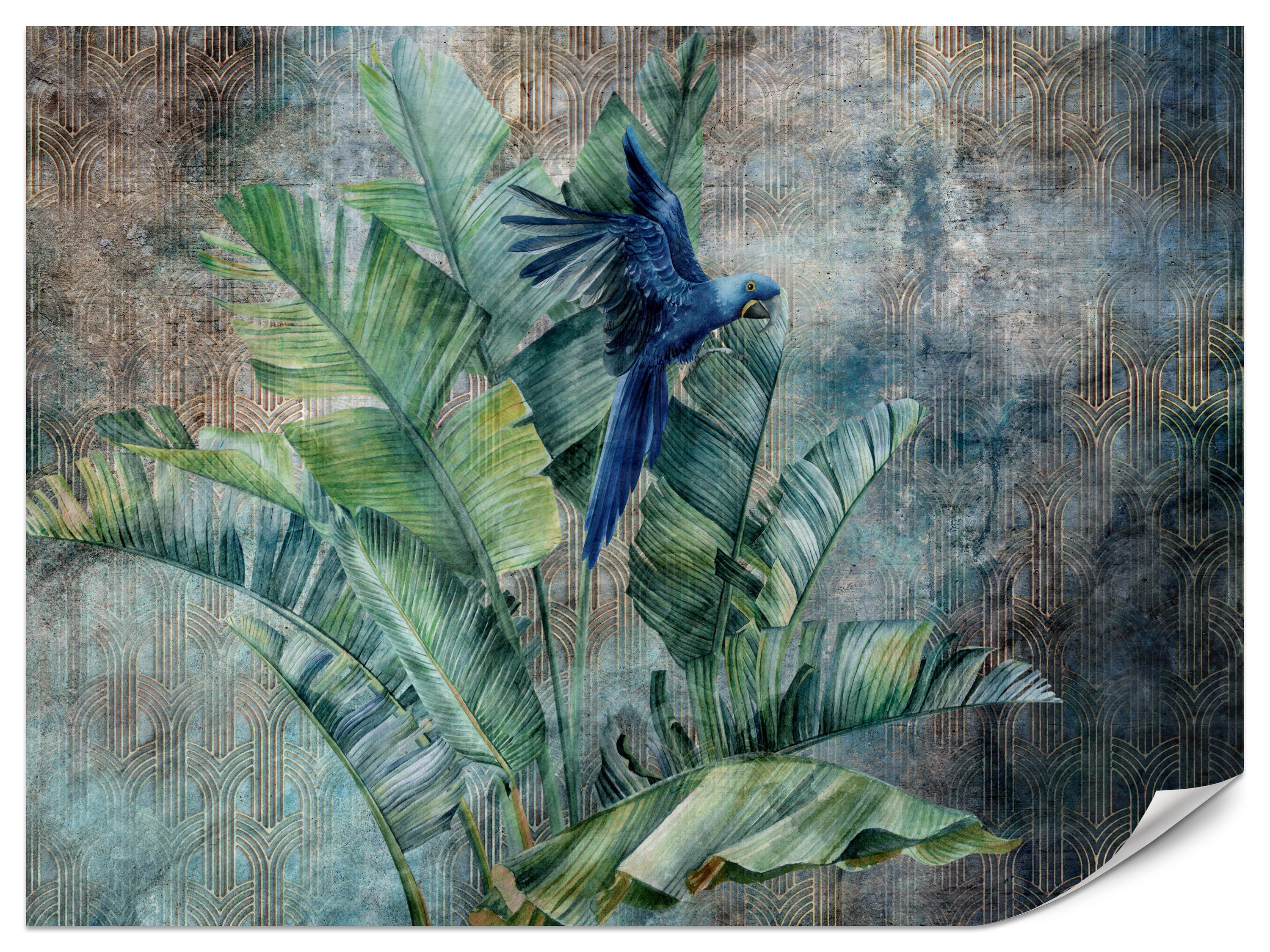 FOTOTAPETE für Wohnzimmer Retro Papuga Tropische Blätter 500x350 - Blau/Braun, Papier (500/350cm) - Muralo