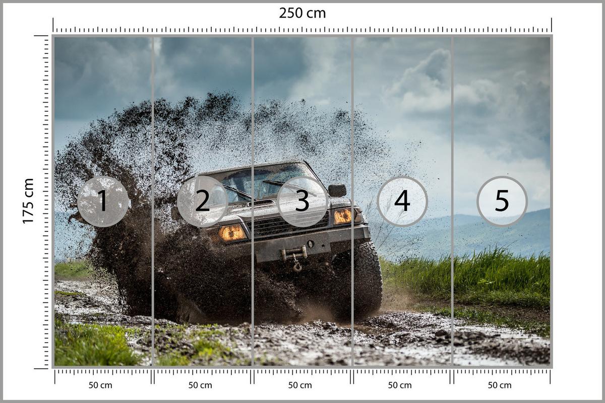FOTOTAPETE für Jugendzimmer Jeep Schlammiges Bergterrain 250x175 - Schwarz/Braun, Papier (250/175cm) - Muralo