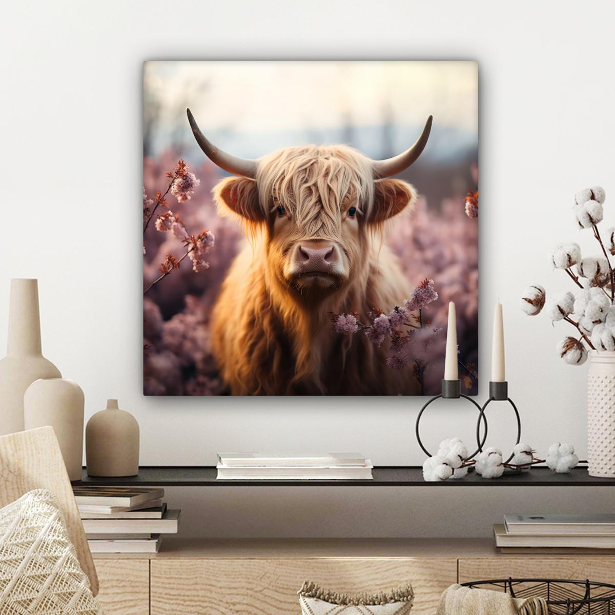 LEINWANDBILD Schottischer Hochländer - Frühling - Hochland Wandbild Wohnzimmer 50x50 cm - Hellrosa, Textil (50/50cm) - MuchoWow