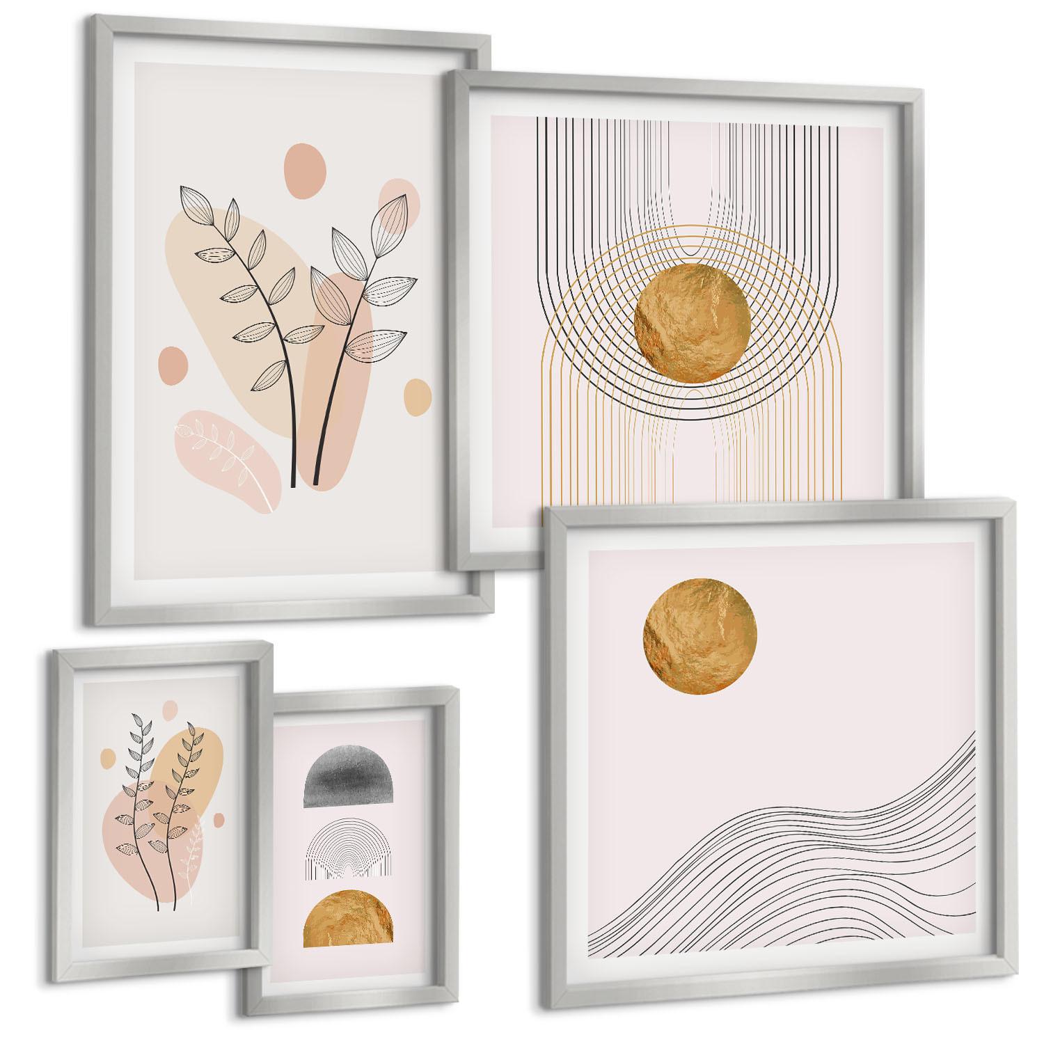 BILDER SET 5er Set - 50x50 cm & 20x30 cm & 40x60 cm Silberner Rahmen - Berge, Wasserfälle, Vögel, Blumen - Silberfarben, Kunststoff (40/60cm) - TULUP