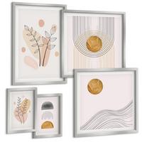 BILDER SET 5er Set - 50x50 cm & 20x30 cm & 40x60 cm Silberner Rahmen - Berge, Wasserfälle, Vögel, Blumen - Silberfarben, Kunststoff (40/60cm) - TULUP