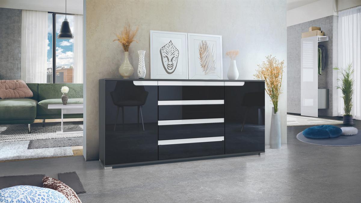 SIDEBOARD Sylt Schwarz Hochglanz / Weiß Hochglanz - Schwarz Hochglanz, Holzwerkstoff (166.5/75.5/35cm) - Vladon