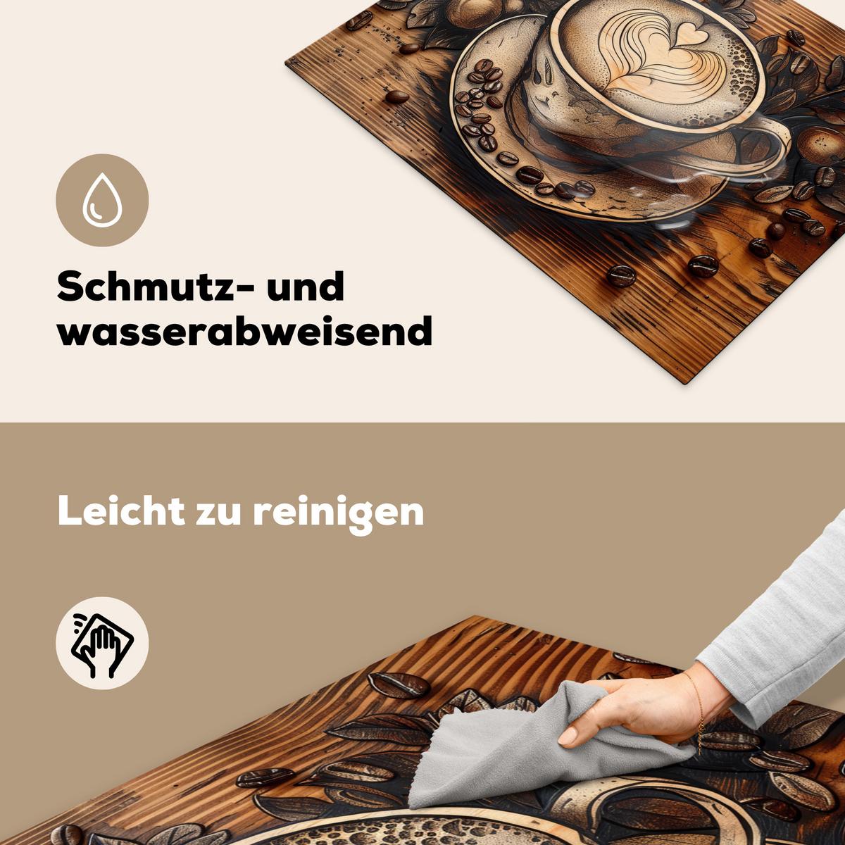 HERDABDECKPLATTE Kaffee - Vintage - Braun - Tasse - Holz Induktionsmatte 71x52 cm - Cappuccino, Kunststoff (71/52/0.2cm) - MuchoWow