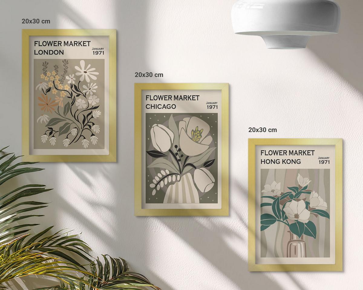 BILDER SET 3er Set - 20x30 cm Goldrahmen - Blumenmessen London Chicago Hongkong - Goldfarben, Kunststoff (20/30cm) - TULUP
