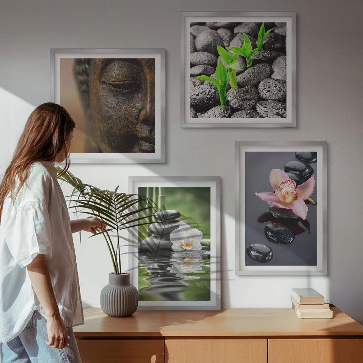 BILDER SET 4er Set - 50x50 cm & 40x60 cm Silberner Rahmen - Friedliche Zen-Blumen-Buddha-Komposition - Silberfarben, Kunststoff (50/50cm) - TULUP