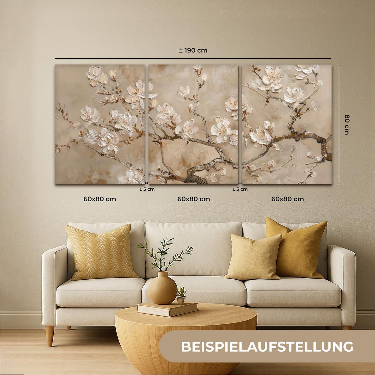 LEINWANDBILD 3er Set Beige - Blüte - Modern 180x80 cm - Beige, Textil (180/80cm) - MuchoWow