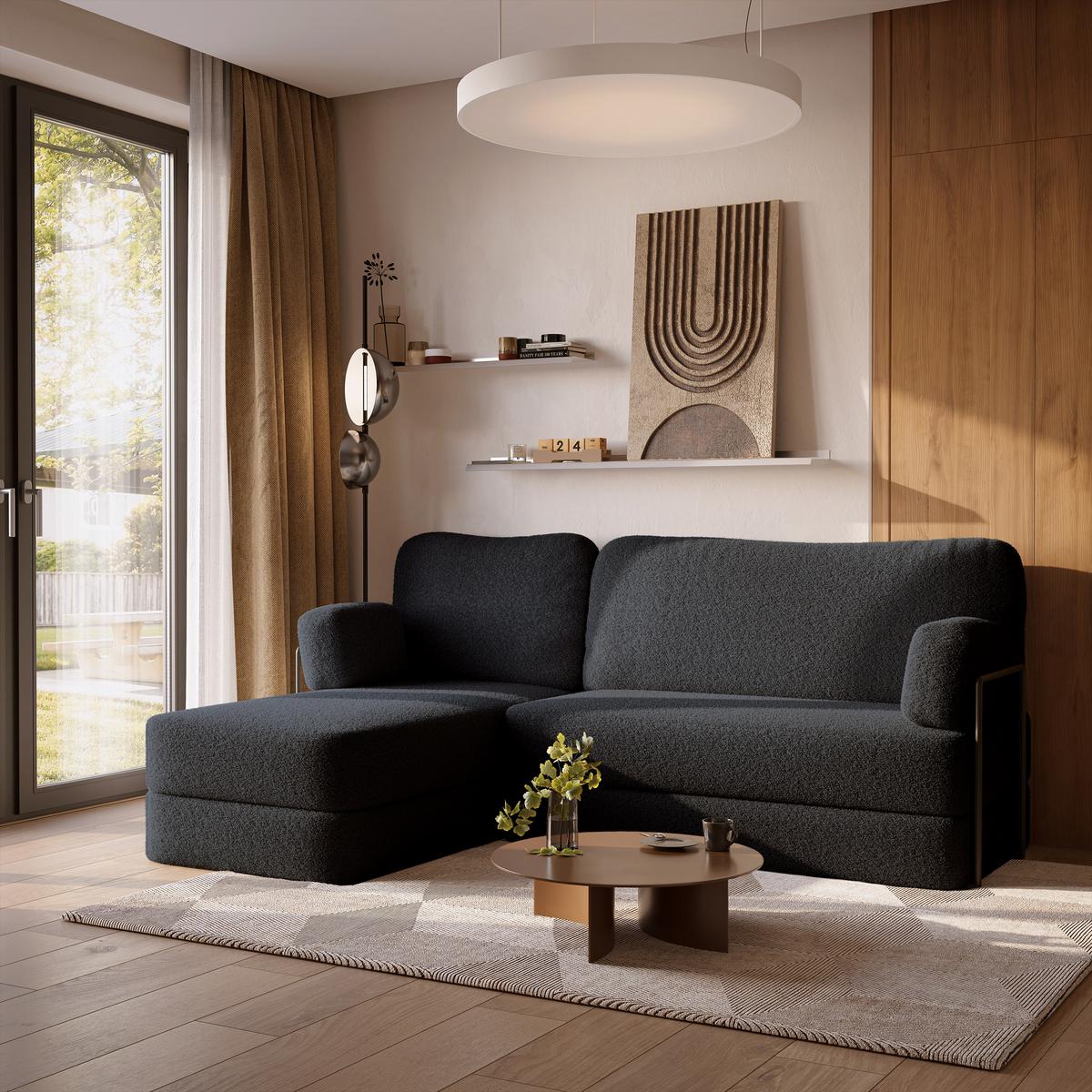 ECKSOFA SABI modulares Boneless Sofa mit Schlaffunktion Schwarz Boucle-Stoff - Schwarz, Textil (200/120cm) - MASSENO