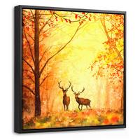 LEINWAND Bilder mit Rahmen - Natur - Ölfarbe - Hirsche - Tiere - Herbst - Orange - 20x20 - Orange, Textil (20/20cm) - MuchoWow