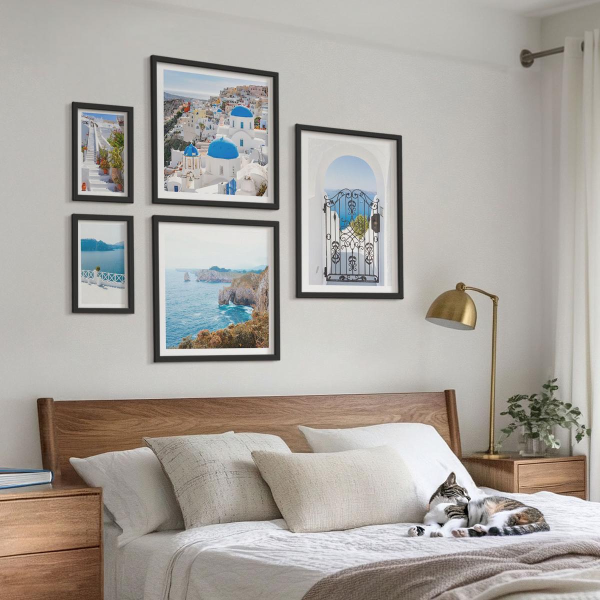 BILDER SET 5er Set - 50x50 cm & 20x30 cm & 40x60 cm Schwarzer Rahmen - Weiße Treppenpflanzen Meer - Schwarz, Kunststoff (40/60cm) - TULUP