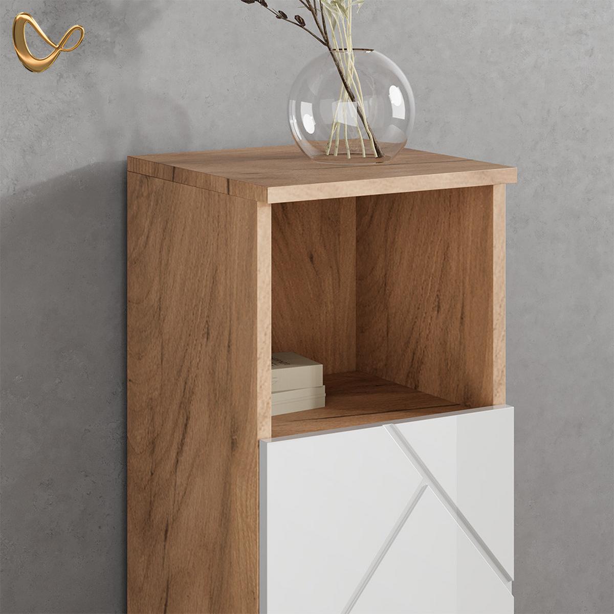BADMÖBEL-SET Ronco Weiß Hochglanz/Goldkraft Eiche 4 Teile, mit Hochschrank - Honigeiche/Weiß Hochglanz, Holzwerkstoff (60/59/30cm) - Livinity®
