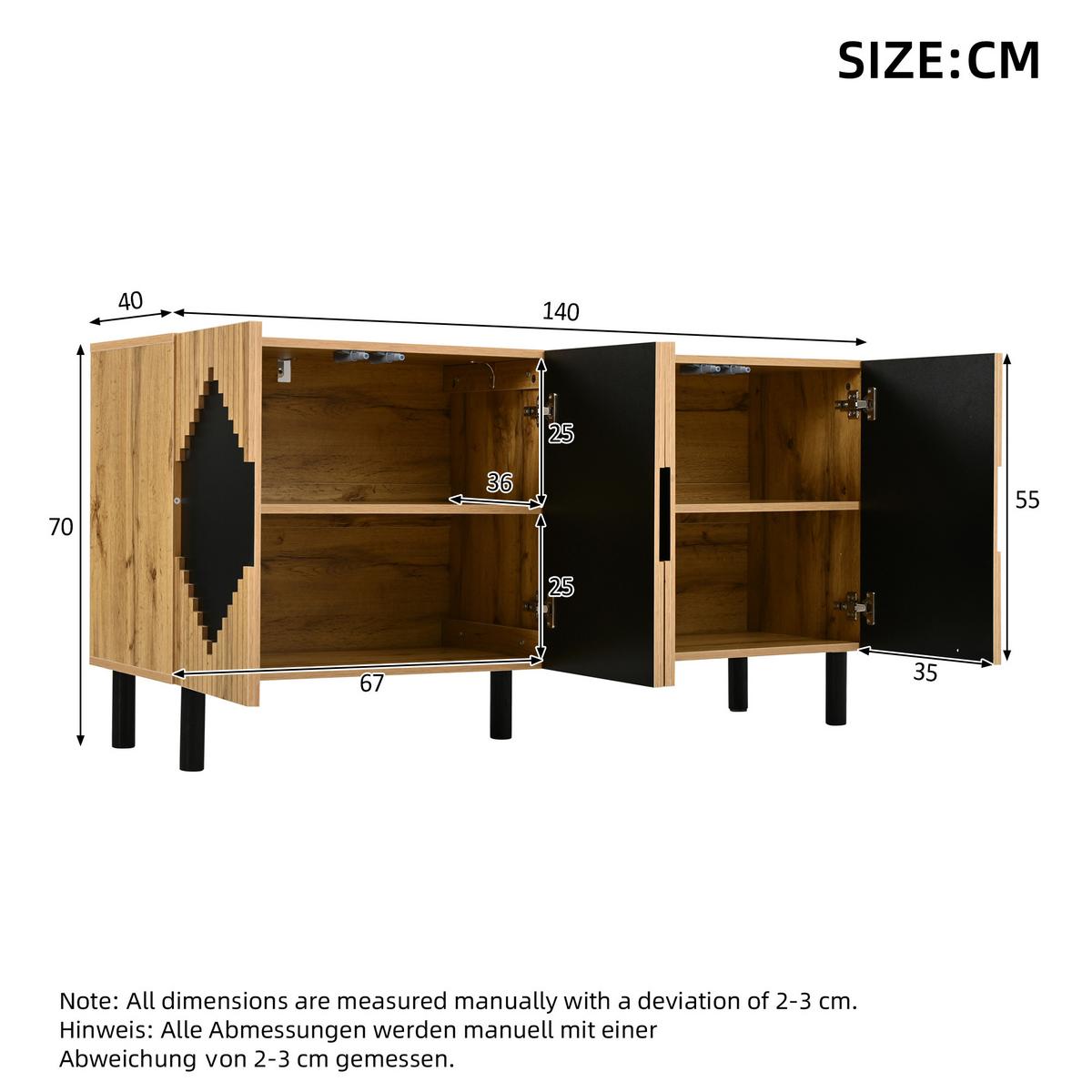 SIDEBOARD Holz/Schwarz 140cm mit 2 Türen & Rautenmuster - Naturfarben, Holzwerkstoff (140/70/40cm) - Urban Meuble