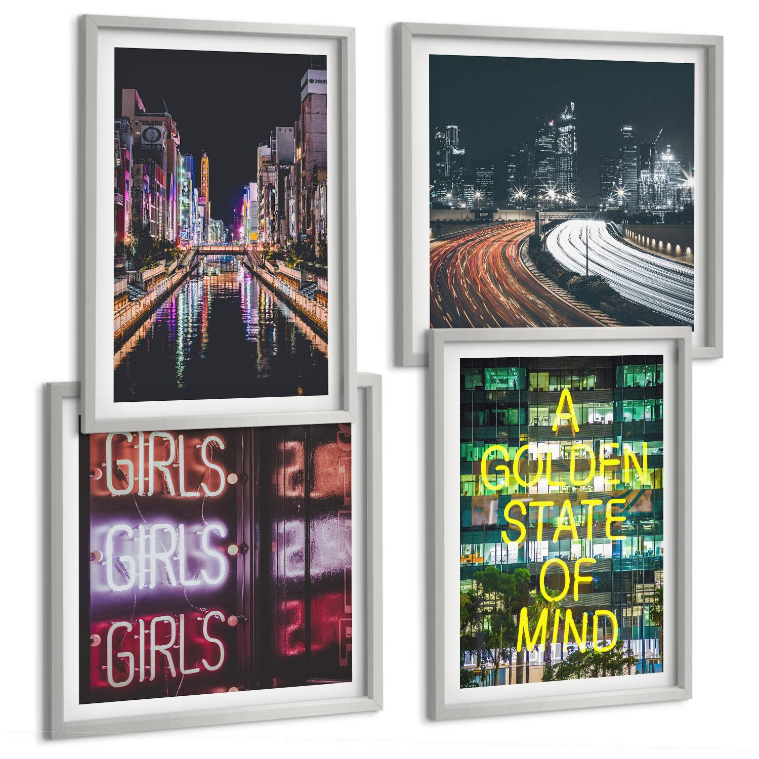 BILDER SET 4er Set - 50x50 cm & 40x60 cm Silberner Rahmen - Neonreklamen in der Stadt bei Nacht - Silberfarben, Kunststoff (50/50cm) - TULUP