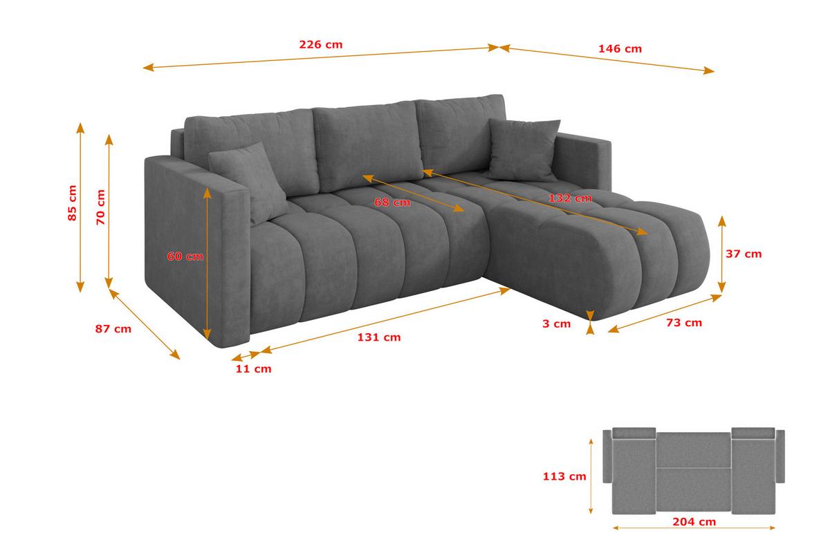 ECKSOFA mit Schlaffunktion Ottomane Rechts GARD-L 226x146x85 Grau Velours - Taupe/Schwarz, Holzwerkstoff/Kunststoff (226/146cm) - ALTDECOR
