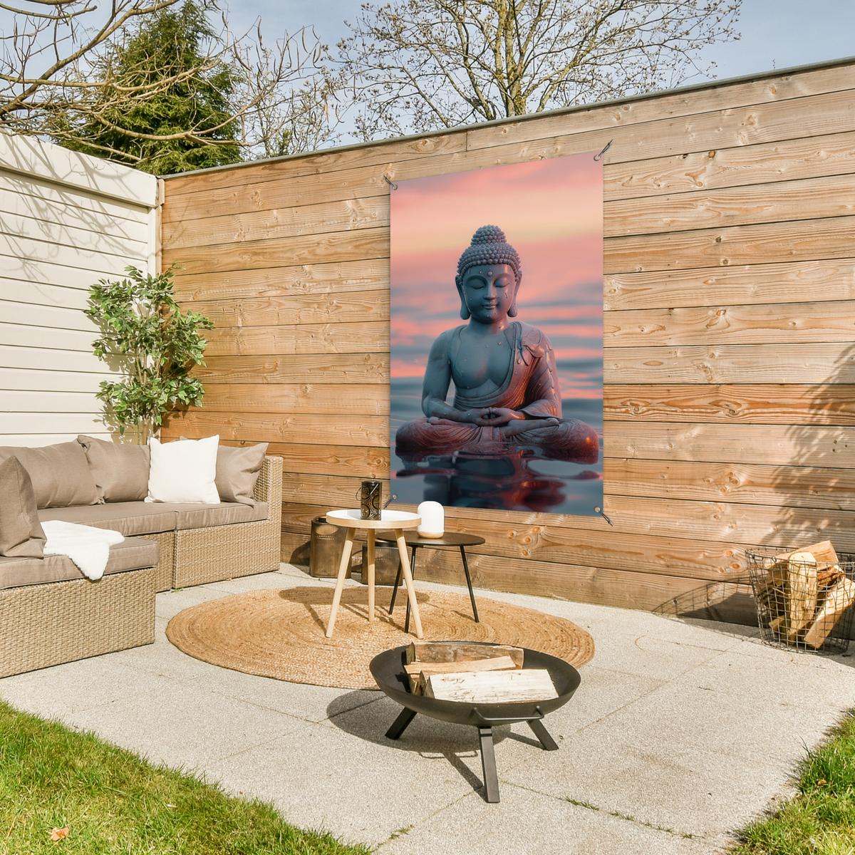 GARTENPOSTER Buddha - Statue - Buddha - Wasser - Kunst - Buddha Outdoor Bilder 80x120 cm - Blaugrau, Kunststoff (80/120/0.2cm) - OnlyWow