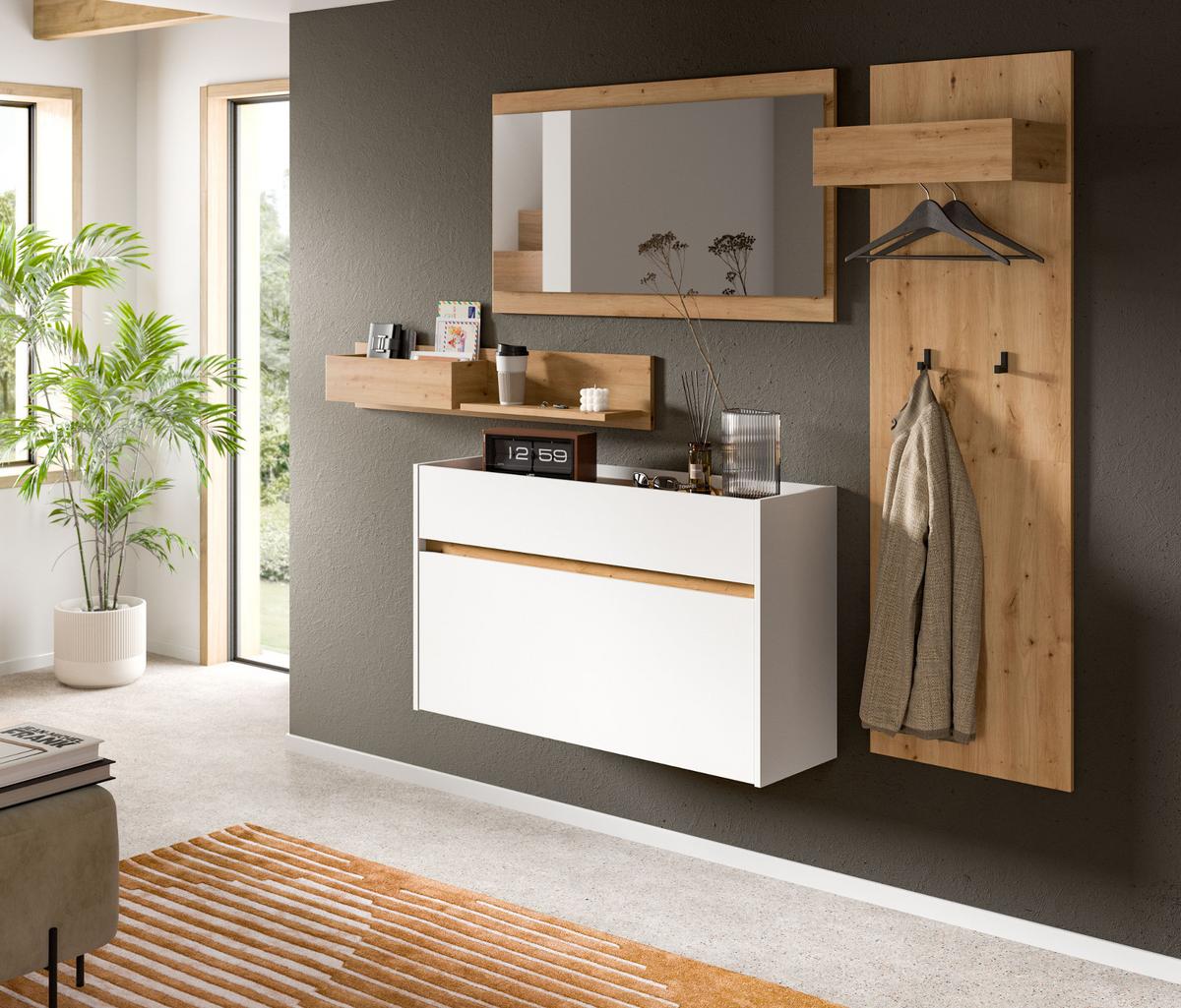 GARDEROBE-SET weiß und Artisan Eiche, Garderobe 4-teilig, 220 x 192 cm, Borga - Weiß/Eiche Artisan, Holzwerkstoff (220/192/32cm) - Inn.Furn