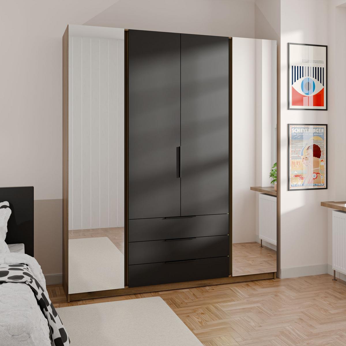 DREHTÜRENSCHRANK CAGLIARI 200/239/61,9cm 4-türig mit Spiegel Goldfarben - Goldfarben/Schwarz, Holzwerkstoff (200/239/61.9cm) - MASSENO