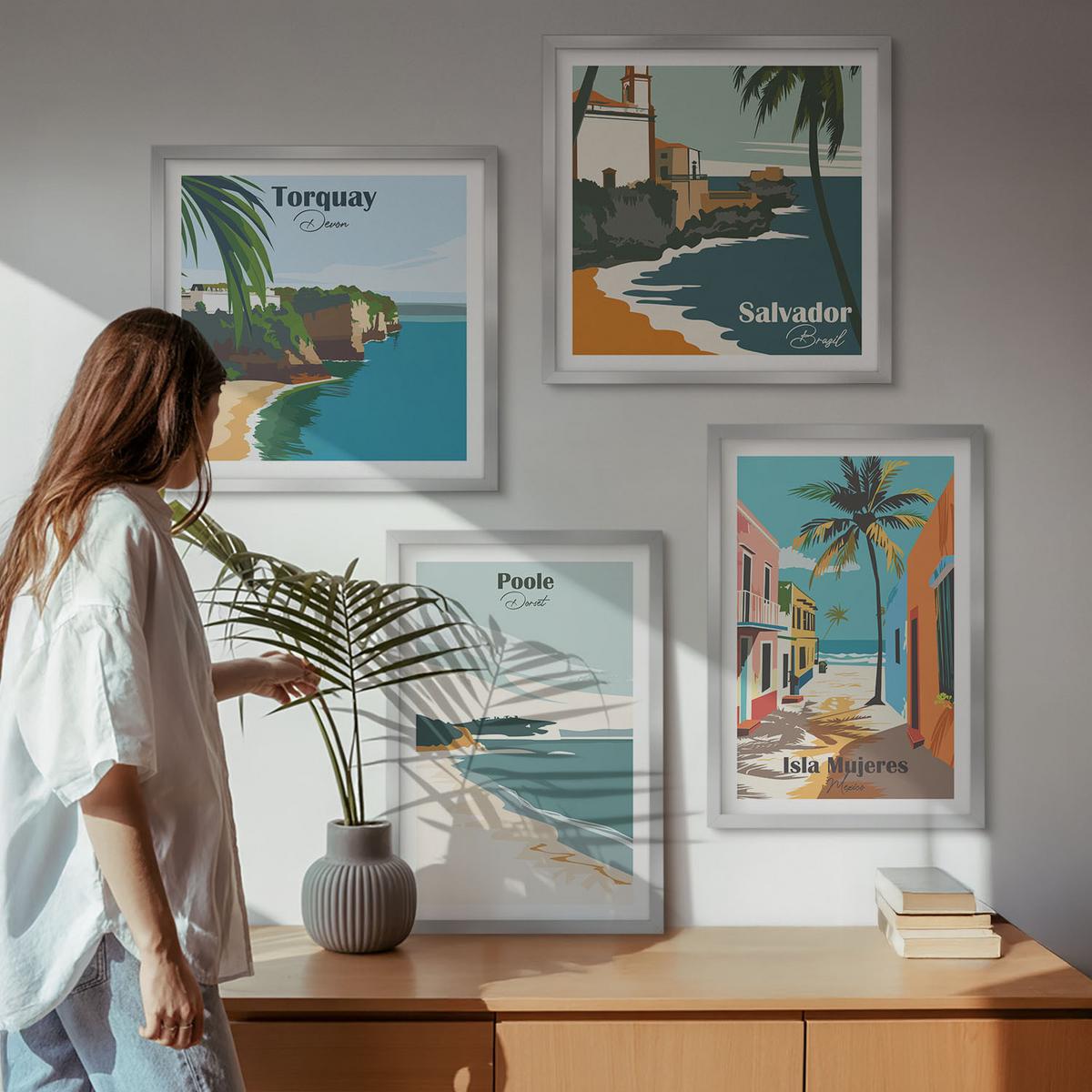 BILDER SET 4er Set - 50x50 cm & 40x60 cm Silberner Rahmen - Tropische Strände und Palmen - Silberfarben, Kunststoff (50/50cm) - TULUP