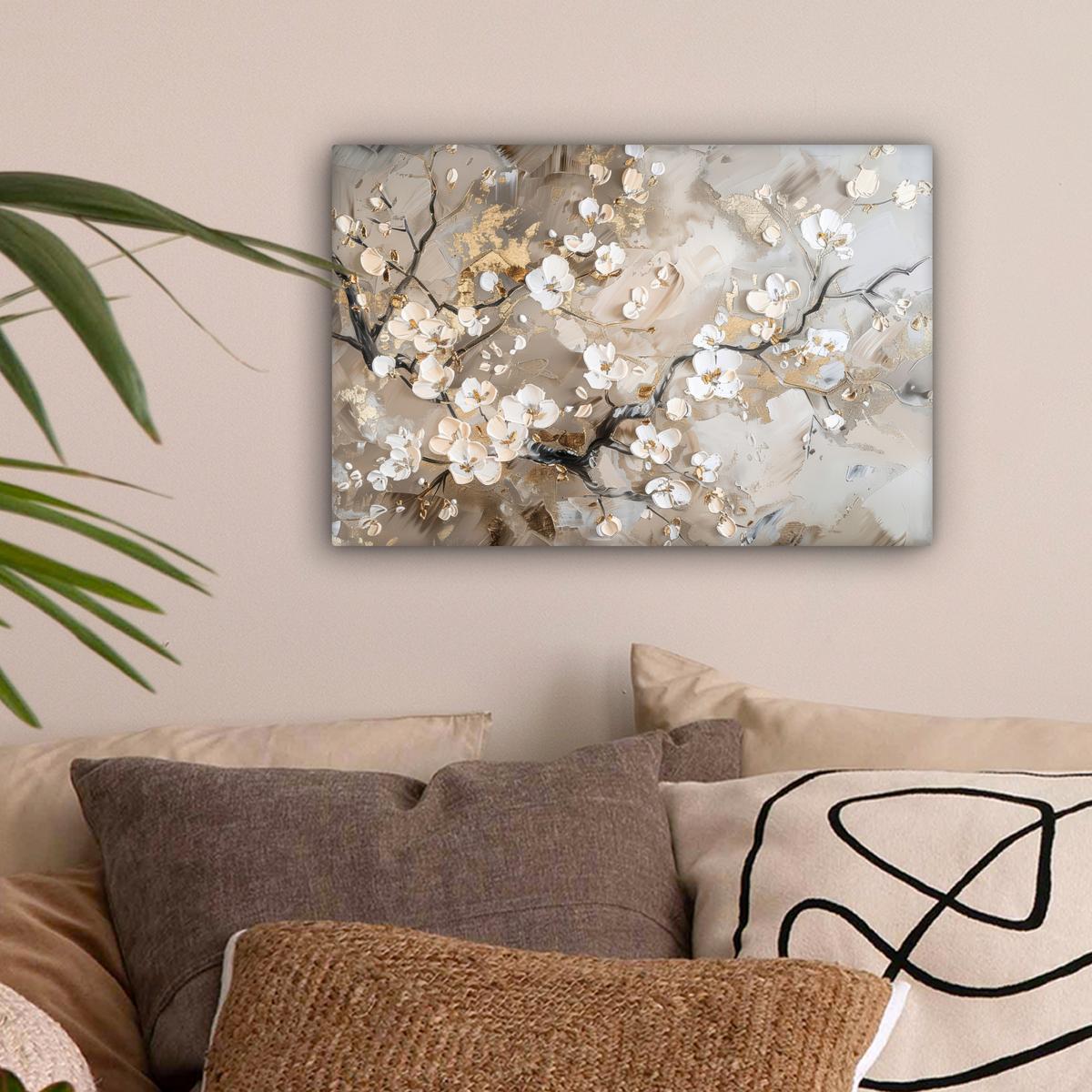 LEINWANDBILD Blumen - Weiß - Gold - Beige - Luxus Deko Schlafzimmer 30x20 cm - Greige, Textil (30/20cm) - MuchoWow