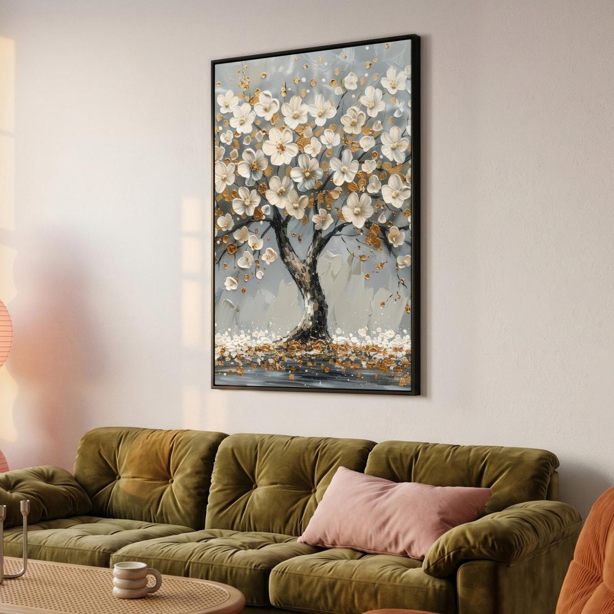 LEINWAND Bilder mit Rahmen - Baum - Blumen - Weiß - Natur - Kunst - 100x150 - Weiß, Textil (100/150cm) - MuchoWow