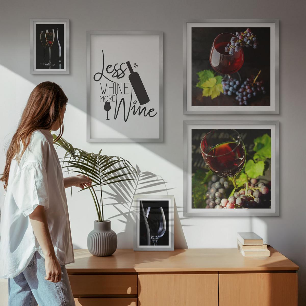 BILDER SET 5er Set - 50x50 cm & 20x30 cm & 40x60 cm Silberner Rahmen - Weingläser mit Trauben und Inschrift - Silberfarben, Kunststoff (40/60cm) - TULUP