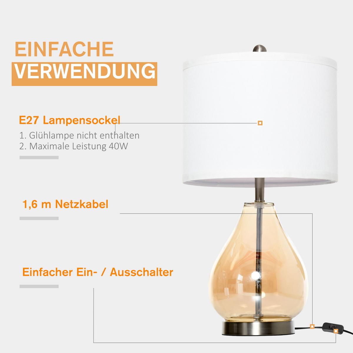2-SET Tischlampen Tischleuchten E27 Nachttischlampe Leinen Glas Bernstein - Multicolor, Metall (30/30/56cm) - HOMCOM
