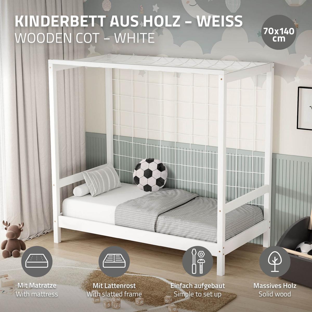 KINDERBETT Fußballtor mit Matratze 70x140 cm Weiß - Weiß, Holz (70/140cm) - ML-DESIGN