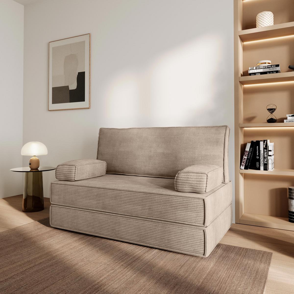 BETTSOFA LADIA aus Schaumstoff Kordstoff Beige Schlaffunktion - Beige, Textil (140/86/60cm) - MASSENO