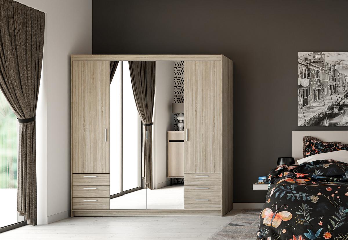 KLEIDERSCHRANK Storicos Sonoma Eiche 176,3/190,5/53 cm - 4T6S Modern mit Schubladen und Spiegel - Sonoma Eiche, Holzwerkstoff/Kunststoff (176.3/190.6/53cm) - AX Living