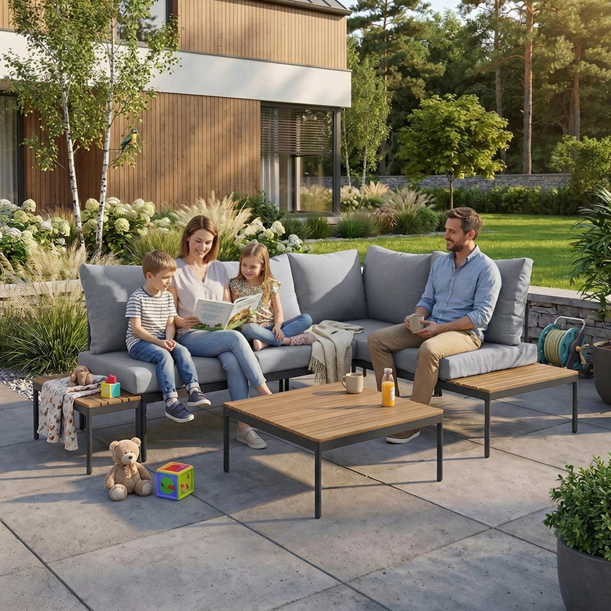 GARTENSET Livorno, modulare Bauweise , mit Ecksofa und Kaffeetisch, Metallrahmen, Hellgrau - Hellgrau, Metall - Beautysofa