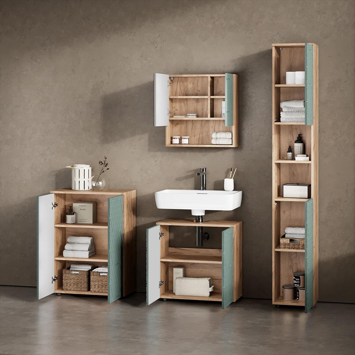 BADMÖBEL-SET Ronco Grün/Goldkraft Eiche 4 Teile, mit Hochschrank und Kommode - Honigeiche/Grün, Holzwerkstoff (60/59/30cm) - Livinity®