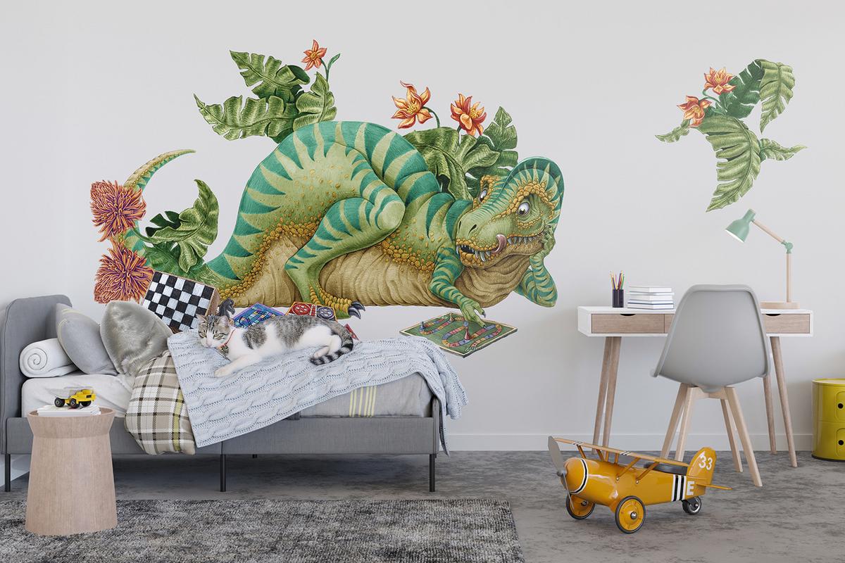 WANDAUFKLEBER 130x165cm - Dino mit einem Brettspiel - Multicolor, Kunststoff (130/165/0.1cm) - Wallfluent