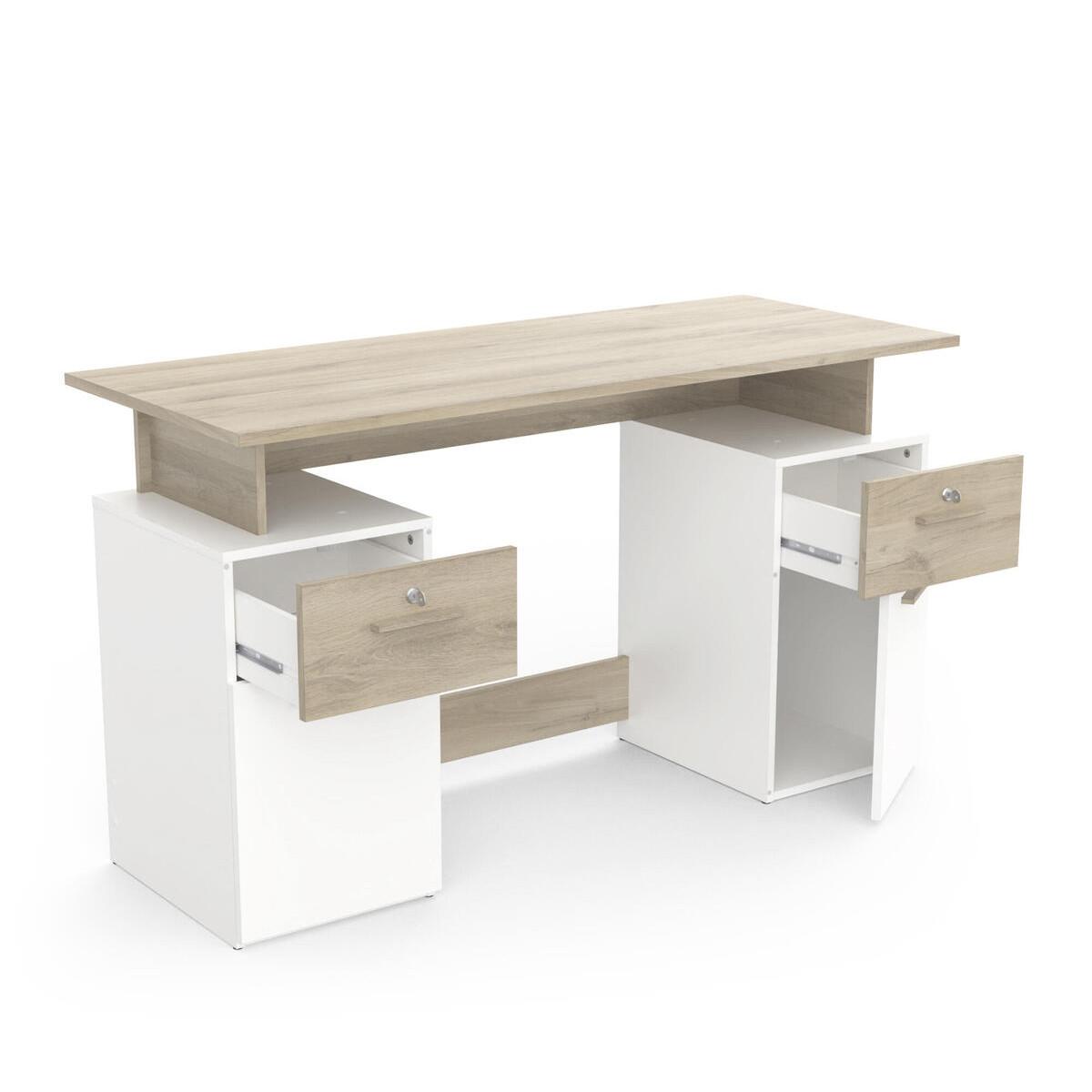 SCHREIBTISCH mit Doppelcontainer, in Holz und Weiß Dekor - L134,8 cm - Platon - Eichefarben/Weiß, Holzwerkstoff (56/55/76.4cm) - Calicosy