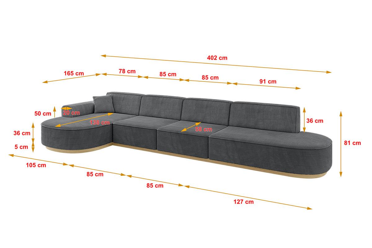ECKSOFA Ottomane Links MARI-L3-v2 - 413x171x83 cm Dunkelgrau Cord - Dunkelgrau, Holzwerkstoff/Textil (413/171cm) - ALTDECOR