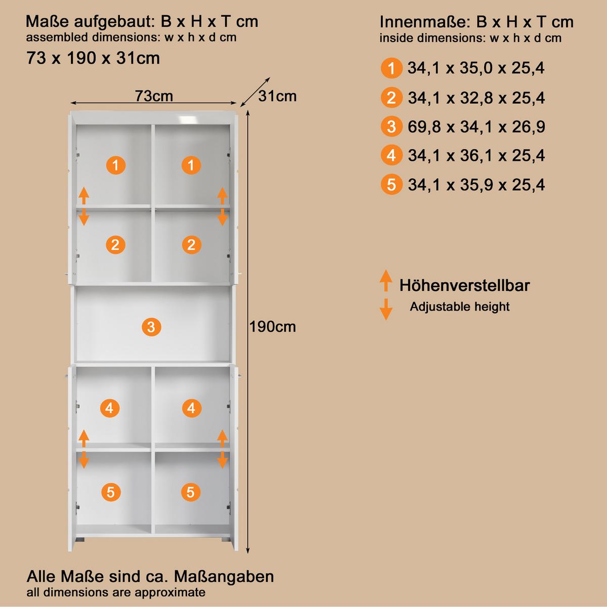 HOCHSCHRANK weiß Hochglanz 73 x 190 cm, Badschrank mit viel Stauraum - Weiß, Holzwerkstoff/Kunststoff (73/190/31cm) - Top.Furn