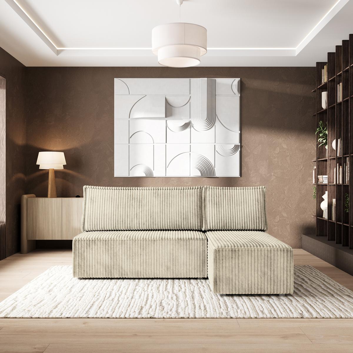 ECKSOFA BRISO T Creme Kordstoff mit Schlaffunktion - Creme/Grau, Holz/Kunststoff (200/140cm) - MASSENO