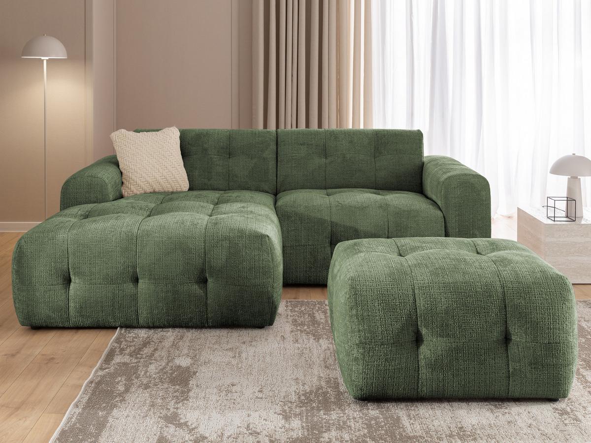 ECKSOFA inkl. Hocker Kozy im Bumpy-Design mit Schlaffunktion und fester Rückenlehne aus weichem Grün Chenille-Stoff - Ottomane links - Schwarz/Grün, Holz/Kunststoff (161/234cm) - S-Style Möbel