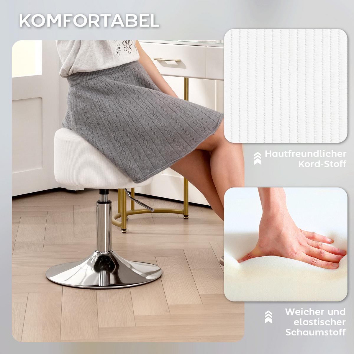 BARHOCKER, Gepolstert Barstuhl mit Metallgestell, Cordoptik, Höhenverstellbar - Weiß, Kunststoff (38/66/38cm) - HOMCOM
