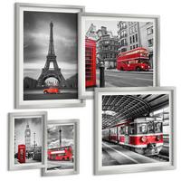 BILDER SET 5er Set - 50x50 cm & 20x30 cm & 40x60 cm Silberner Rahmen - Rote Busse in der Stadt - Silberfarben, Kunststoff (40/60cm) - TULUP