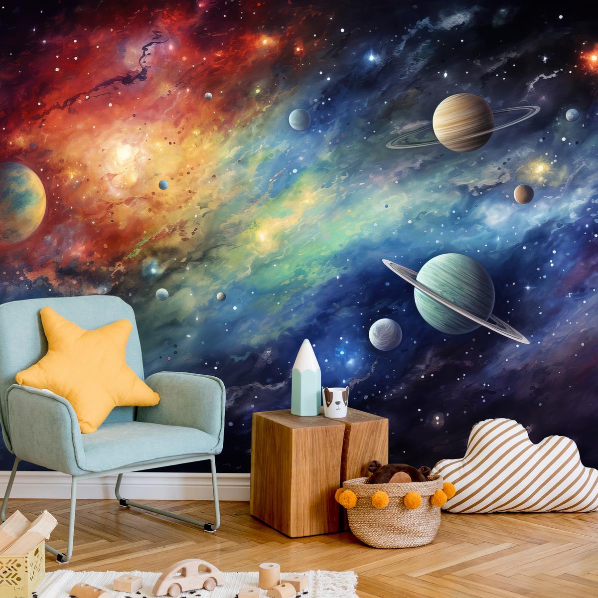 FOTOTAPETE für Jugendzimmer Aquarell Galaxie Planeten Sterne 350x256 - Blau/Gelb, Papier (350/256cm) - Muralo