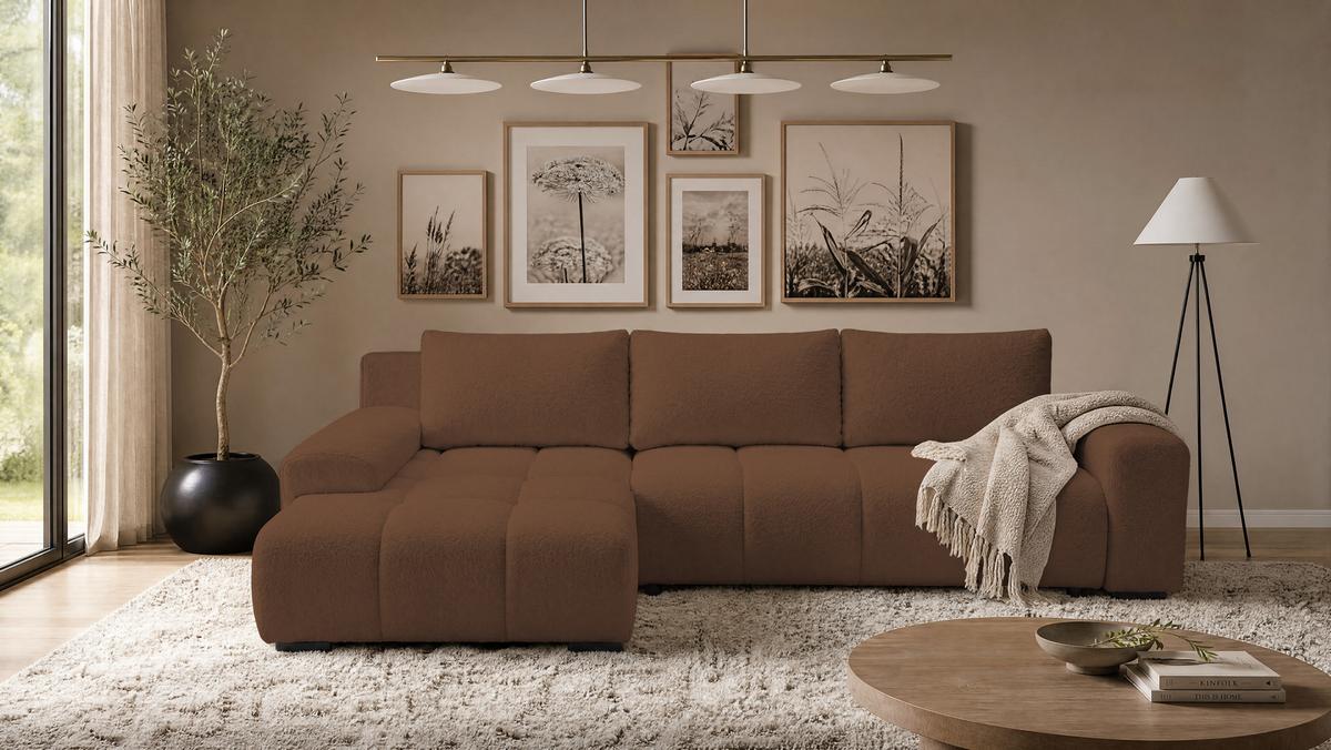 ECKSOFA Ovia mit Bettkasten und Schlaffunktion, Bouclé-Stoff in L-Form - Braun, Textil (270/185cm)