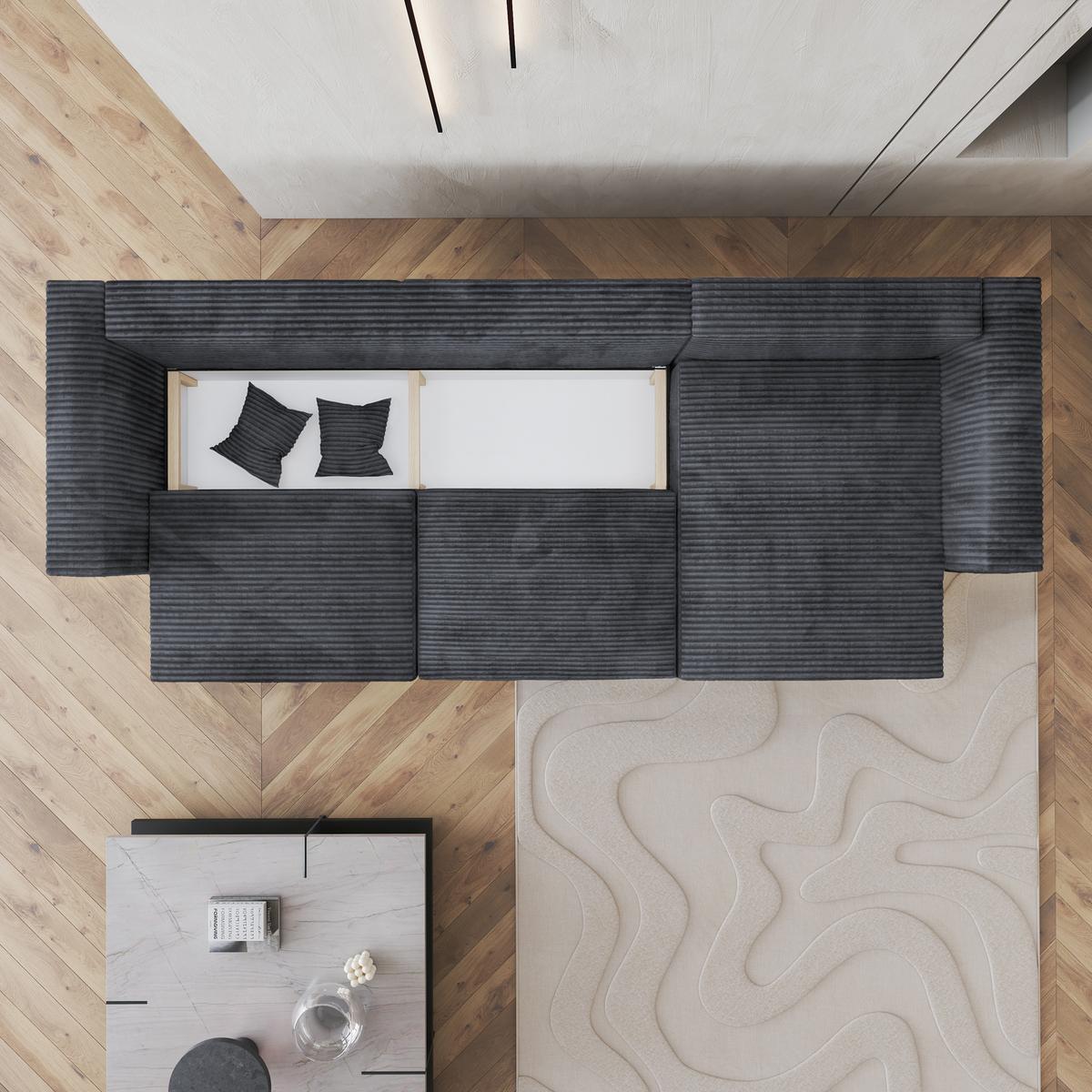 ECKSOFA TOLMO Graphitfarben Kordstoff mit Schlaffunktion - Graphitfarben/Grau, Holz/Kunststoff (347/148cm) - MASSENO