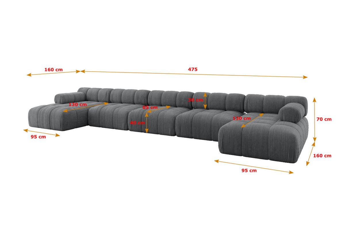 WOHNLANDSCHAFT modulares Sofa Tesso-U3 - 475x160x70 cm Dunkelgrau Cord - Dunkelgrau, Holzwerkstoff/Textil (475/70/160cm) - ALTDECOR