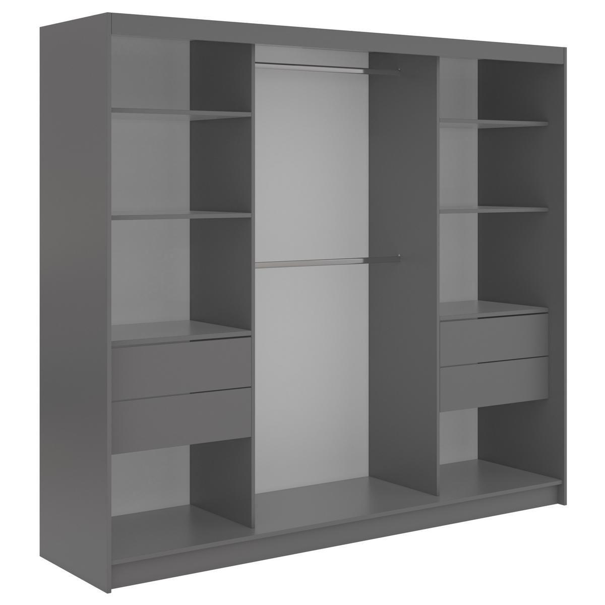 SCHWEBETÜRENSCHRANK mit Spiegel und Schubladen - WALENCJA - 240 - Grau lacobel - Alufarben/Grau, Holzwerkstoff/Metall (240/216/61cm) - MKS