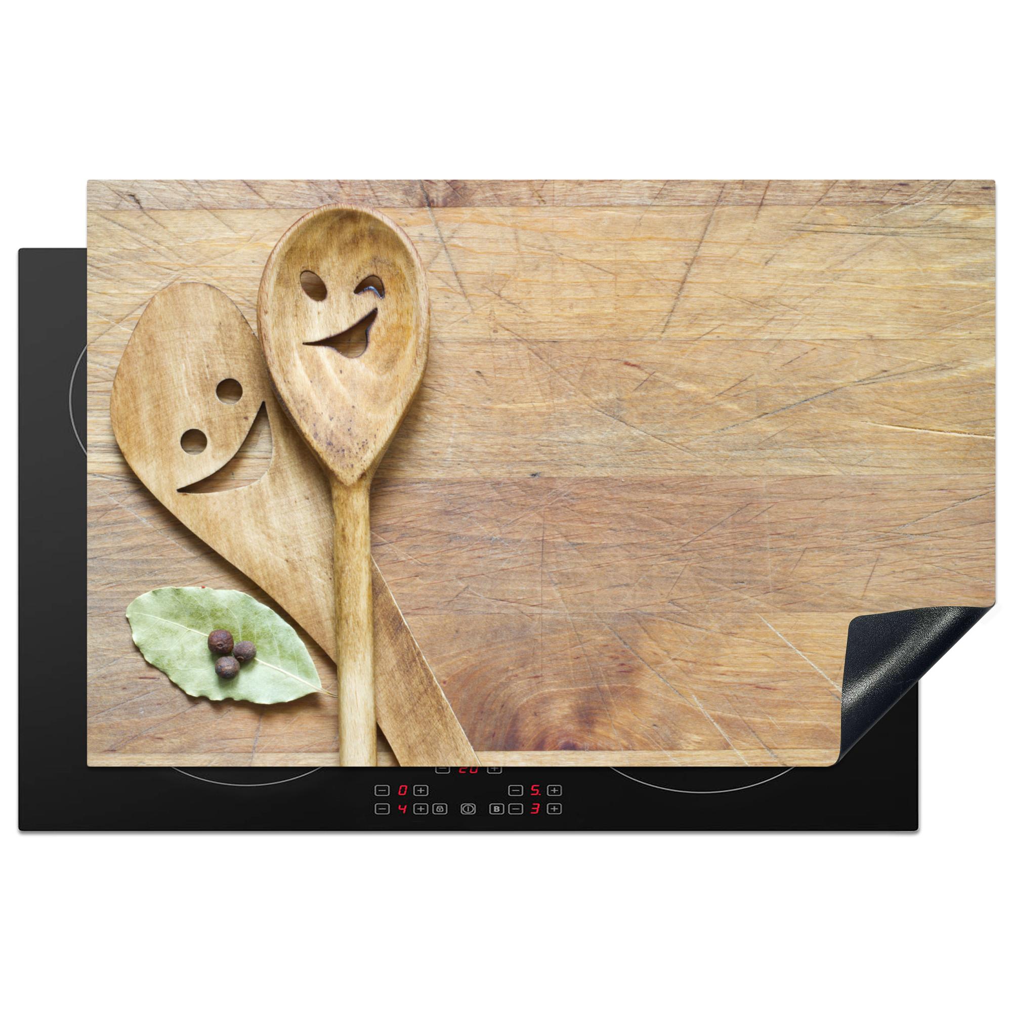 HERDABDECKPLATTE Holz - Löffel - Braun - Smiley Abdeckung Ceranfeld 81.2x52 cm - Hellbraun, Kunststoff (81.2/52/0.2cm) - MuchoWow