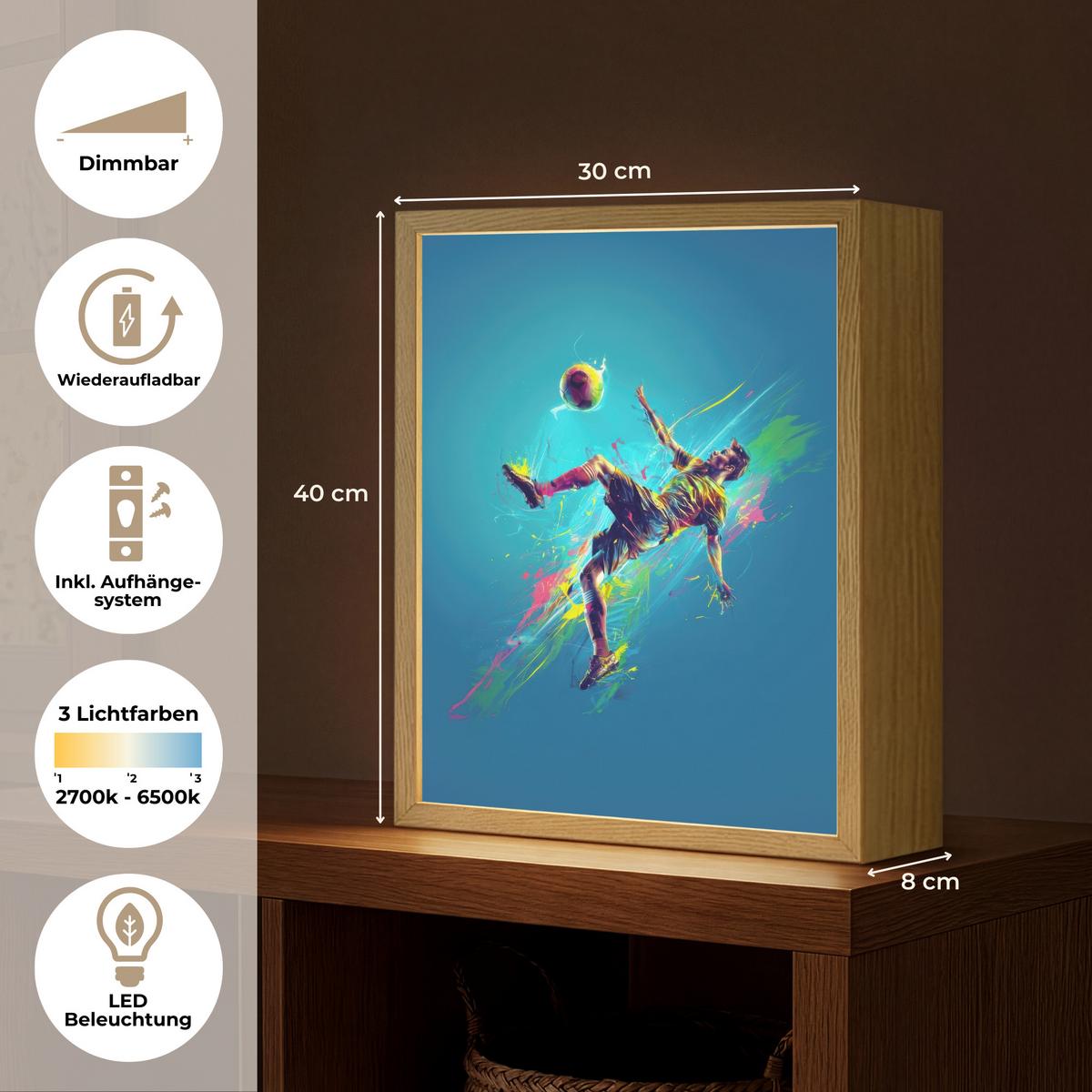 WANDLEUCHTE MIT AKKU Fußballer - Farbspritzer - Farbenfroh - Ball 30x40 cm - Blau, Holzwerkstoff (30/40/8cm) - OnlyWow