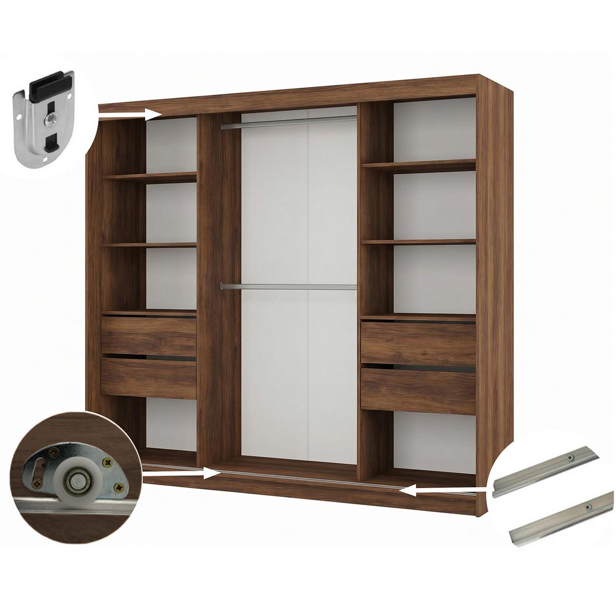 SCHWEBETÜRENSCHRANK Debra II mit Schubladen und Spiegel 240/216/61 Walnuss - Walnussfarben, Holzwerkstoff (240/216/61cm) - Beautysofa
