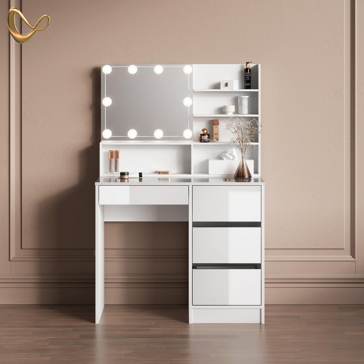 SCHMINKTISCH Imola Weiß 90 cm mit LED Beleuchtung, und Spiegelregal - Weiß, Holzwerkstoff (90/75/40cm) - Livinity®