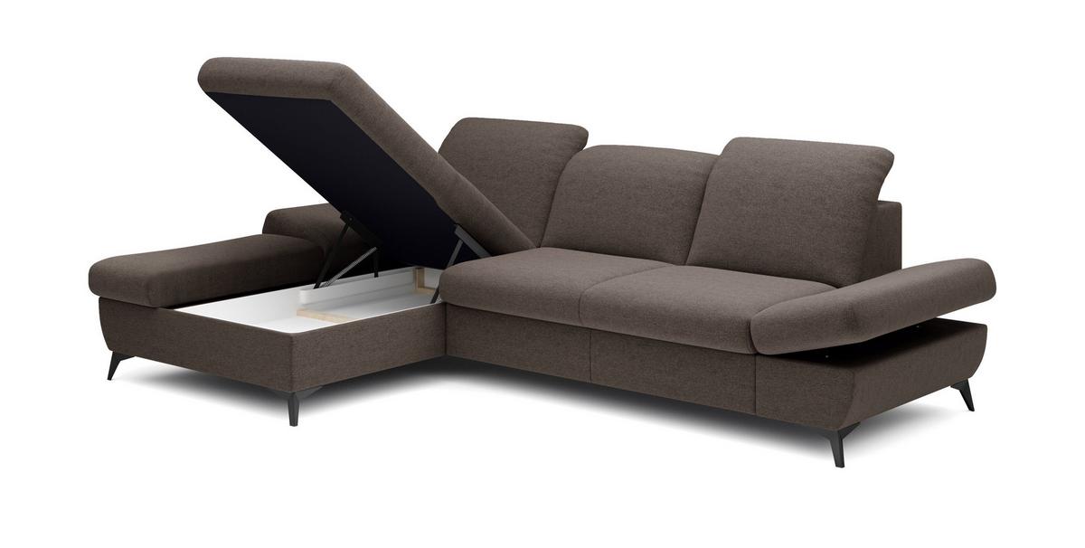 ECKSOFA FELICE L-S Braun Geflochtener Stoff mit Schlaffunktion - Mokka, Holz (284/166cm) - MASSENO